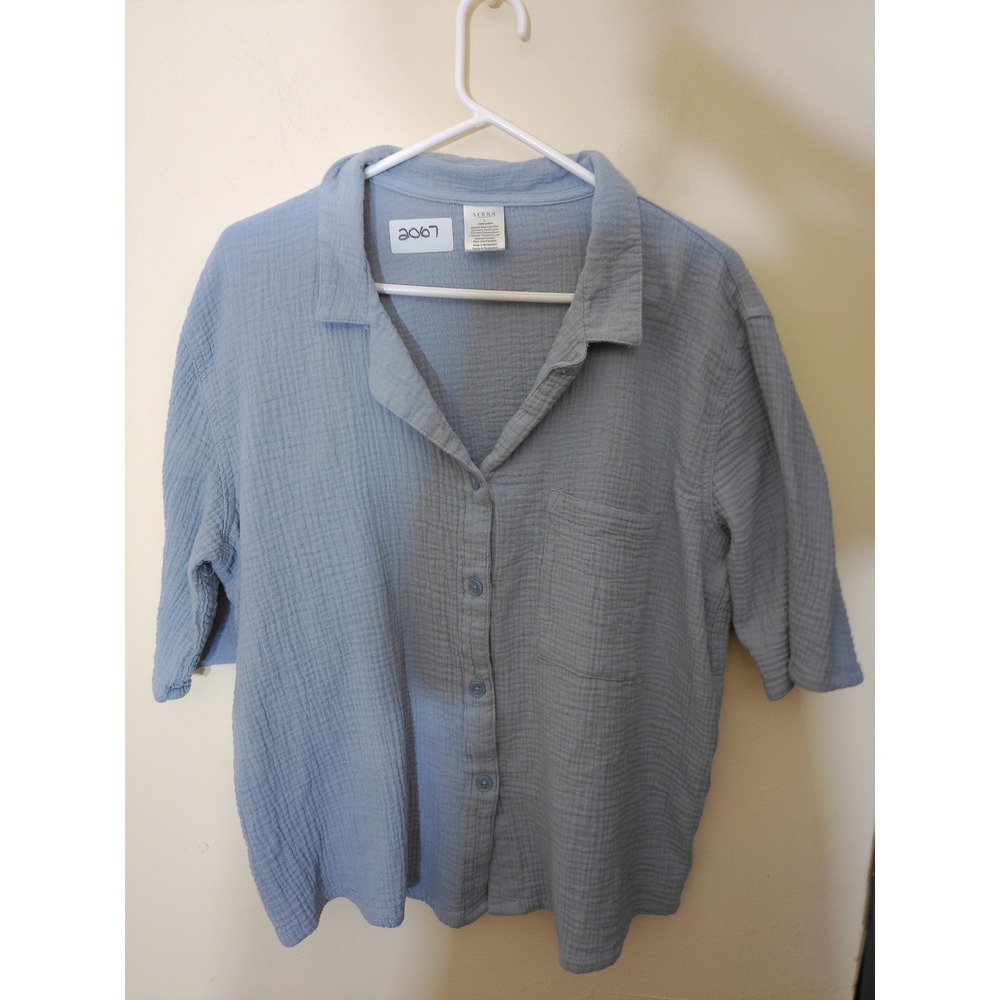 Serra Button Down Shirt Womens L Light Blue Cotton Double Gauze Coastal Relaxed